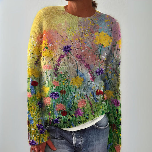 Evelyn | Women's Floral Art Print Long-Sleeve Knit Sweater