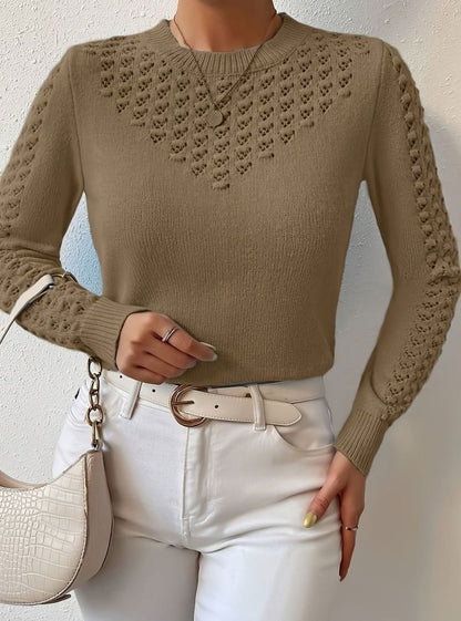 Layla | Women's Pointelle-Knit Round Neck Long Sleeve Sweater