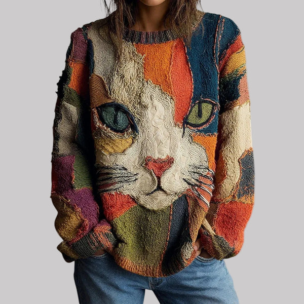 Layla | Women's Relaxed-Fit Cat Graphic Crewneck Knit Sweater