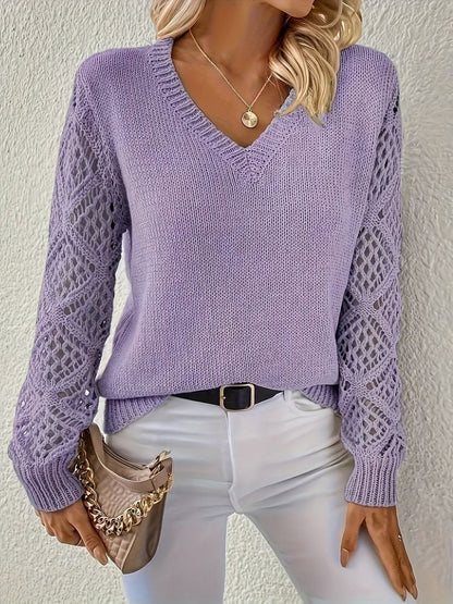Amelia | Women's V-Neck Hollow-Sleeve Pullover Knit Sweater